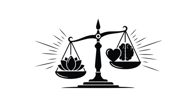 Scales of justice balancing heart and brain, symbolizing emotional and logical equilibrium