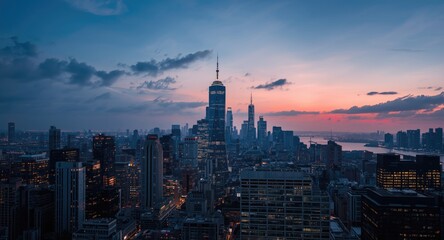 Naklejka premium Urban skyline with modern towers set against a fading evening sky