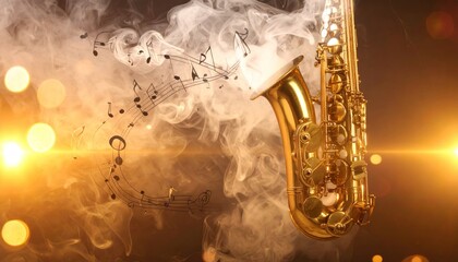 Obraz premium Radiant golden saxophone producing captivating melodies, enveloped in mystical smoke and flowing musical notes, illuminated by a backdrop of warm, sparkling lights