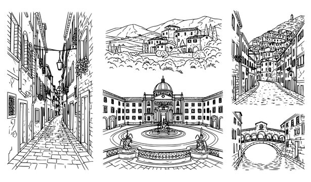 Black and White Italian Landmarks and Lifestyle Vectors &ndash; Isolated Sketch Illustrations for Designers