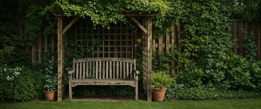 Wooden garden bench sheltered beneath lush trellis with thriving potted plants and dense foliage beside wooden fence