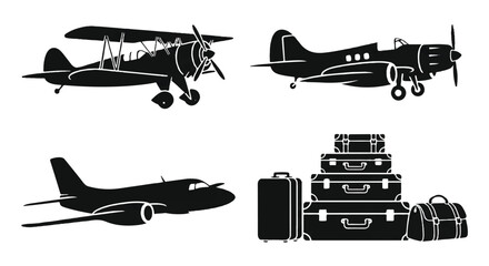 Vintage and Modern Aircraft Silhouettes with Stacked Luggage for Travel Concepts. © Idaryati
