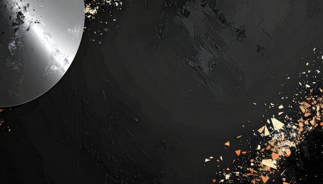 Abstrakter schwarzer Hintergrund mit einem gl&auml;nzenden silbernen Kreis und funkelnden goldenen Partikeln, perfekt f&uuml;r luxuri&ouml;se Designs.