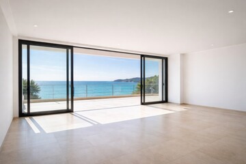 Obraz premium Modern Vacant Room with Glass Doors and Ocean View
