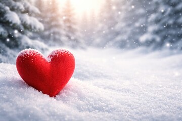 Fototapeta premium Red heart symbolizing love on a snowy winter scene with copy space for romantic messages