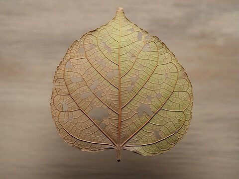 Detailed leaf skeleton with missing patches against a wooden background