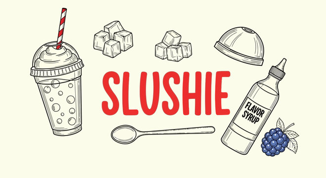 Colorful slushie drink and ingredients.