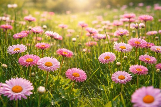 A vibrant scene of pink bellis perennis daisies blossoming amid lush green grass on a sunny meadow