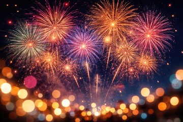 Fototapeta premium Vibrant fireworks bursting over a blurred night sky with festive bokeh lighting for celebration events