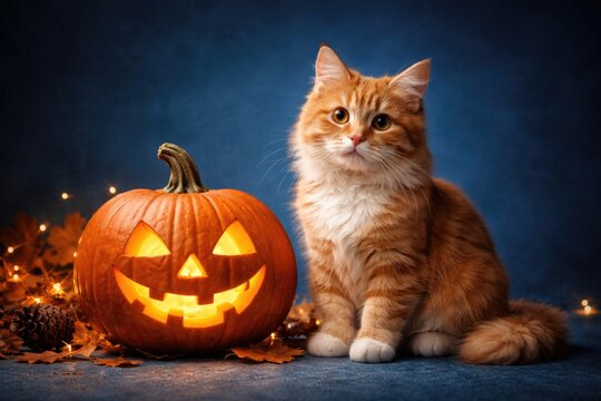 Adorable ginger cat sitting by a carved Halloween pumpkin on a blue background with copy space for seasonal decoration ideas