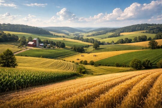 Vast Agricultural Landscape with Rolling Hills on a Sunny Day