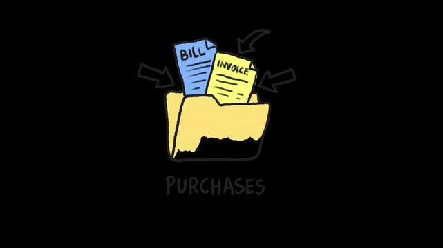 Hand drawn doodle of purchases folder with bill and invoice documents, 4k animated video, alpha transparent video