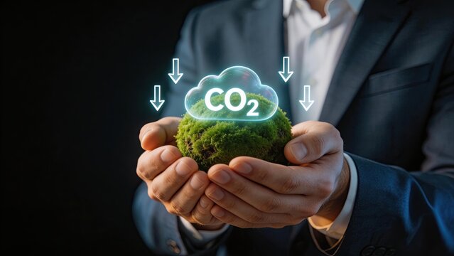 Businessman hands holding moss ball with CO2 cloud icon carbon capture net zero climate action ESG sustainability green business emission reduction ecology environmental