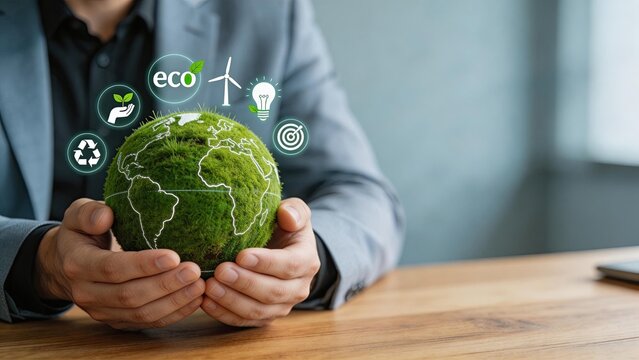 Businessman hands holding moss globe with eco icons for sustainability green energy recycling and environmental protection concept corporate social responsibility