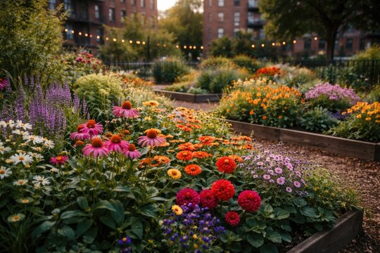Vibrant Urban Garden Full of Blooming Flowers at Sunset