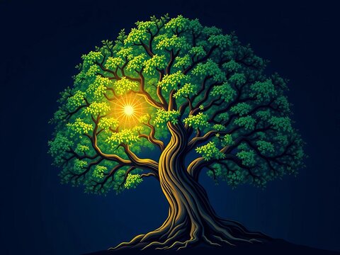 Stylized tree with a single glowing orb at its core, representing knowledge or a central idea, glowing tree,  concept
