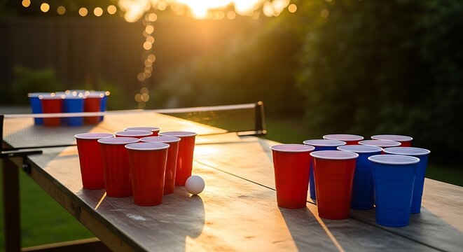A view of a beer pong game setup on a wooden table with red and blue cups during a night party. bierpong