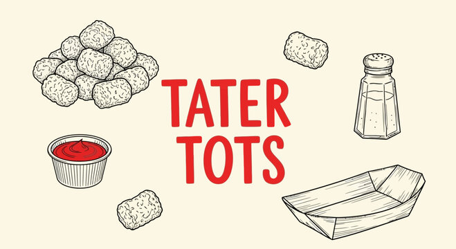 line art illustration of various Tater tots with dipping sauce.