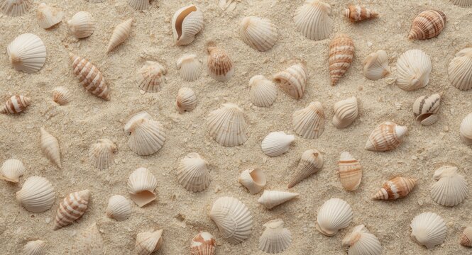 Top view of seashells in random pattern on natural sand texture for background