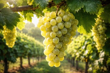 Fototapeta premium Fresh white grapes cluster with lush green leaves on a vine in vineyard setting