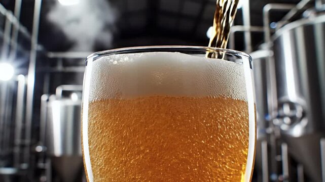 Amber liquid pours into a glass with foam forming, industrial background