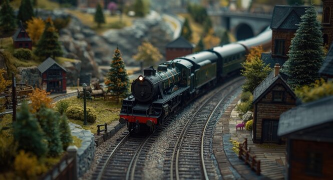 Wide angle view of a miniature locomotive journey across a sprawling and detailed layout