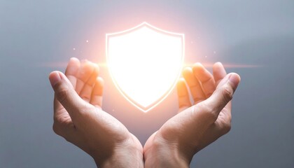 Concept of digital protection, cybersecurity, and data privacy with glowing shield held by cupped hands, symbolizing safety and security in a technological world