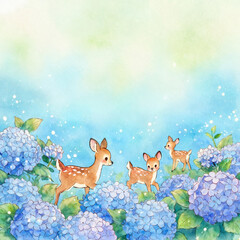 Obraz premium Cute Fawns Hydrangea Watercolor Art Illustration