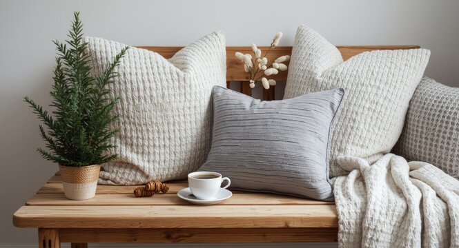 Still life composition in Nordic style showing soft pillows on wooden seat with coffee and potted greenery