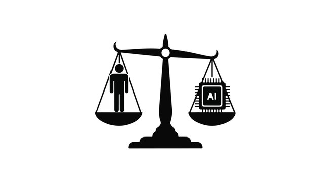 Scales of justice balance human and artificial intelligence, representing technology's impact on society and fairness.