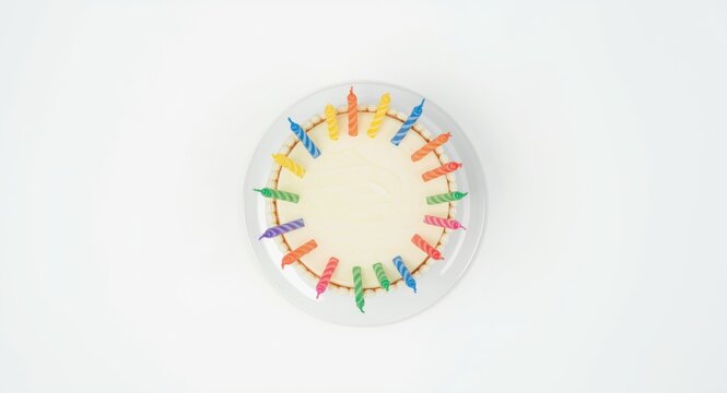White background featuring top view of anniversary cake with assorted colorful candles