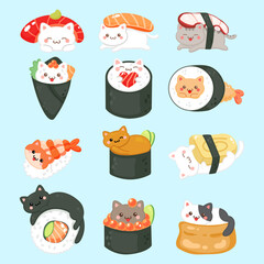 Cute sushi cat character clipart collection © cloverlittleworld