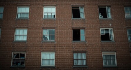 Obraz premium Brick apartment block with worn facade and damaged windows perfect for renovation work
