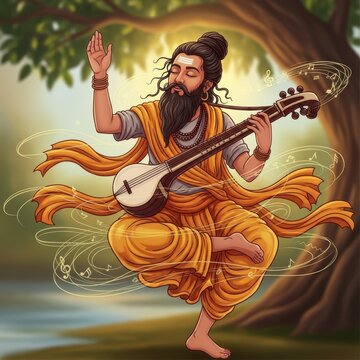 A man playing a musical instrument in a natural setting