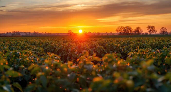 Sunlit tomatoes in a flourishing green agriculture field with an orange cloudy sunset sky and copyspace for text