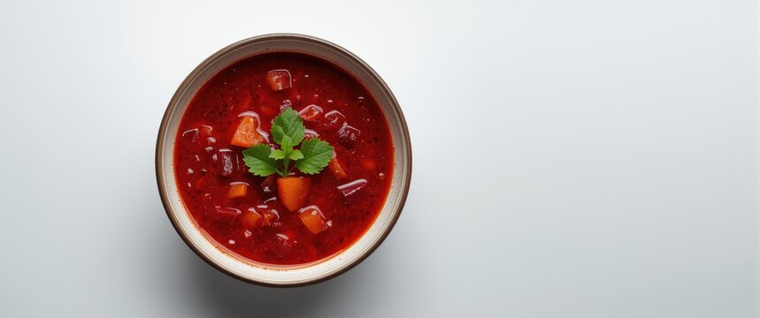 Top down view of bowl filled with Ukrainian borsch beet soup on white surface with blank space