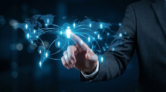 Global Human Resource Management concept, showcasing international workforce connection and digital technology for employee management.