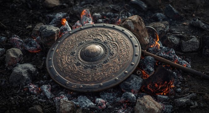 Viking shield laid on smoldering ashes surrounded by glowing embers in a historical war aftermath