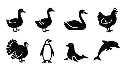 A collection of diverse waterfowl and marine life presented in stark black shapes offering a striking silhouette high quality professional detailed © SILHUETTECHEMBER