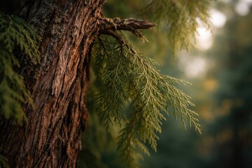 Naklejka premium Detailed close-up of aged incense cedar branch showing textured bark and fine foliage with soft blurred background