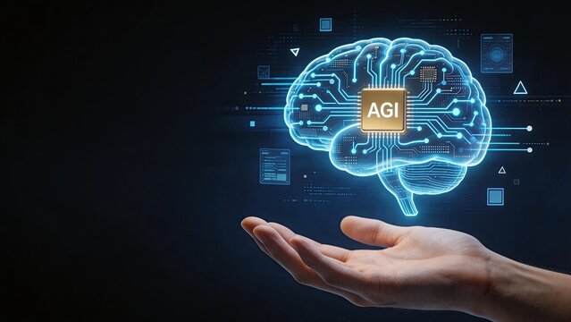 Futuristic hand holding glowing digital brain with AGI chip artificial general intelligence concept hologram technology neural network data processing machine learning future