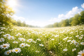 Fototapeta premium A bright sunny day with a vibrant field of white flowers and ample copy space