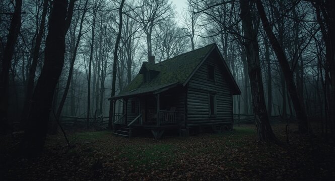 Spooky forsaken cottage in shadowy woodland with wild storm flashes