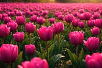 Obraz premium A vibrant field blooming with colorful tulip flowers showing full magenta petals