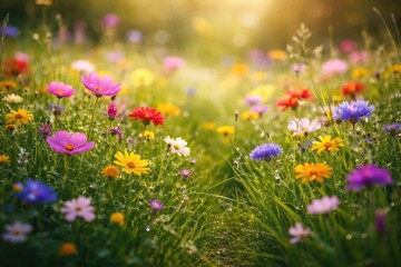 Obraz premium A vibrant collection of flowers blooming in lush green grass with selective focus and a soft blurred backdrop