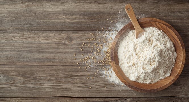 Wooden serving spoon and bowl showcasing flour and wheat grains placed on wooden plank surface