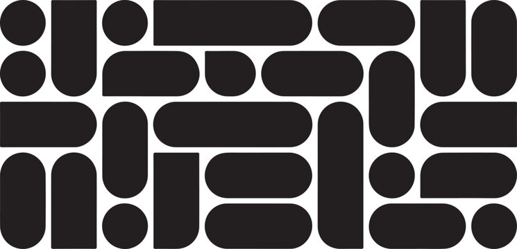 Minimalist black geometric pattern with rounded capsules and circles on transparent background for modern texture composition.