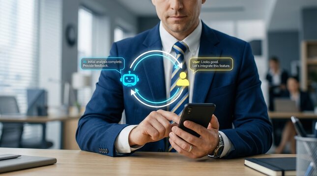 A business professional uses a smartphone to engage in a virtual interaction and communication feedback loop with an AI chatbot and human user, enhancing customer service and business growth.