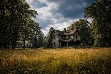 Obraz premium abandoned old house in a tall grassy meadow with towering trees under a cloudy blue sky