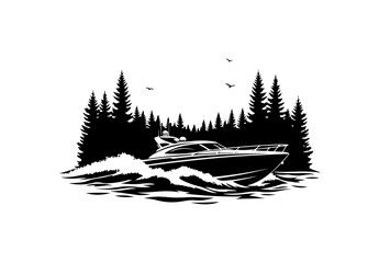 Obraz premium Elegant Yacht in Forest Waterscapes Vector Illustration